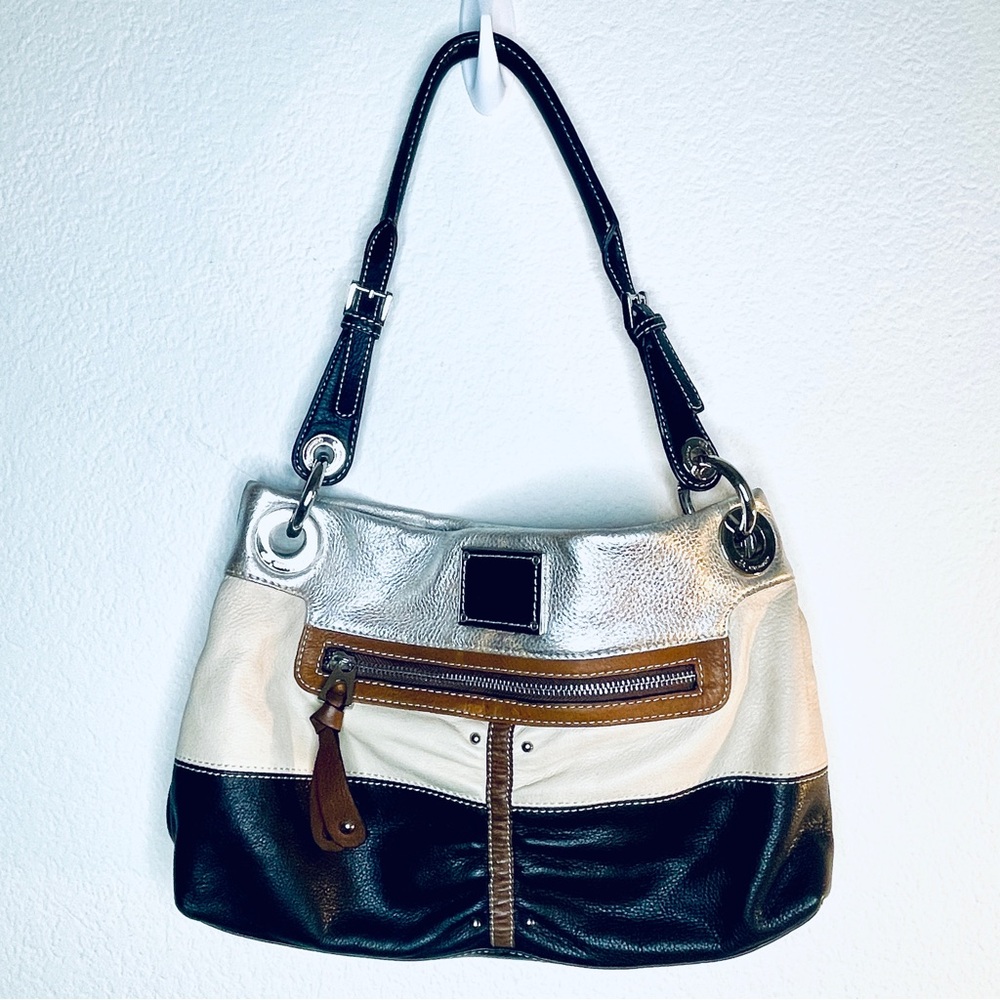B. MAKOWSKY Metallic Tan Brown & Black Leather Snap Shoulder Bag Purse
